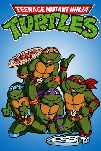 The poster features four Teenage Mutant Ninja Turtles in dynamic poses against a vibrant blue background. Each character wears their signature orange, purple, red, and blue masks, with their respective NINJA LINES (M, R, L, S) displayed on their chests. The turtles are depicted with confident exp...