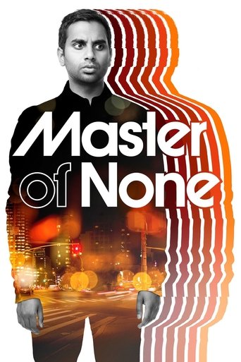 The poster features a man in a dark suit against a vibrant orange and yellow gradient background. The title "Master of None" is prominently displayed in bold white letters. The mood is mysterious and dramatic, suggesting a thriller or drama series.