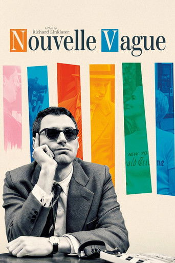 The poster features a man in sunglasses and a suit, holding a phone to his ear, exuding mystery and sophistication. Vibrant vertical stripes of pink, blue, orange, and green add a psychedelic touch to the design, while the title "Nouvelle Vague" stands out in bold, colorful letters. The overall m...