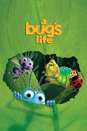 The poster features a vibrant green background with a large, jagged hole revealing colorful cartoon characters. A purple caterpillar, a green ladybug, and a blue caterpillar peek out from the hole, creating a playful and whimsical atmosphere. The title "A Bug's Life" is prominently displayed in b...