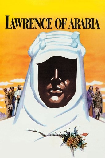 The poster features a striking image of a man's face emerging from a white hooded cloak against a warm, golden sunset. Surrounding the central figure are soldiers in period-appropriate uniforms, suggesting a historical adventure. The bold title "Lawrence of Arabia" dominates the top, evoking a se...
