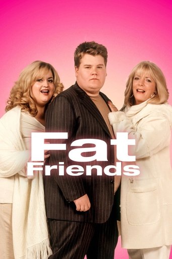 The poster features three characters against a vibrant pink background, exuding a playful and humorous mood. The central figure in a striped suit stands confidently, flanked by two women in white coats, all smiling warmly. The bold white text "Fat Friends" anchors the image, emphasizing the show'...