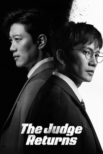 The black-and-white poster features two men in formal suits, one with glasses and the other without, both gazing intently forward. The stark lighting and shadowy background create a dramatic, serious mood. The title "The Judge Returns" is prominently displayed in bold white text at the bottom.