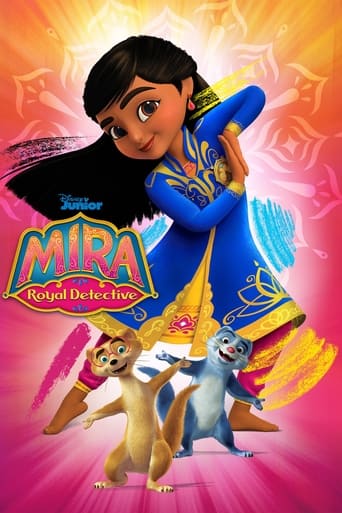 The poster features a vibrant blue detective character, Mirai, leading a group of colorful cats in a dynamic pose against a radiant pink and purple background. The title "MIRA Royal Detective" is prominently displayed in bold, stylized lettering. The overall mood is energetic and adventurous, sug...