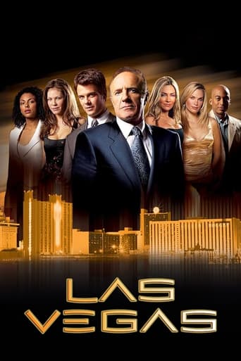 This TV show poster features a glamorous group of actors in elegant evening attire against a dark, luxurious backdrop. The warm golden hues of the city skyline behind them evoke a sense of opulence and excitement. The title "Las Vegas" is prominently displayed at the bottom, suggesting a high-sta...