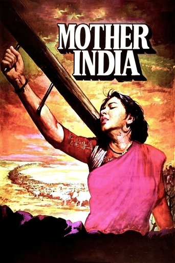 The poster features a woman in a pink sari holding a massive wooden staff, symbolizing strength and heritage. The background is a warm sunset, evoking a sense of resilience and cultural pride. The title "Mother India" is prominently displayed in bold, white letters, emphasizing the film's theme o...
