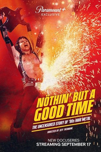 The poster features a muscular man in a red shirt with a fiery explosion behind him, symbolizing the intense energy of the 80s hair metal scene. The vibrant red and orange hues create a dramatic and passionate atmosphere, reflecting the raw emotion of the music. The text highlights the show's unc...