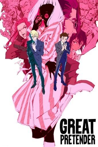 The poster features a dramatic scene with four characters in vibrant pink and white tones, suggesting a supernatural or fantasy setting. The mood is mysterious and intense, with dynamic poses that hint at action or conflict. The bold text "GREAT PRETENDER" adds a sense of intrigue and drama, emph...