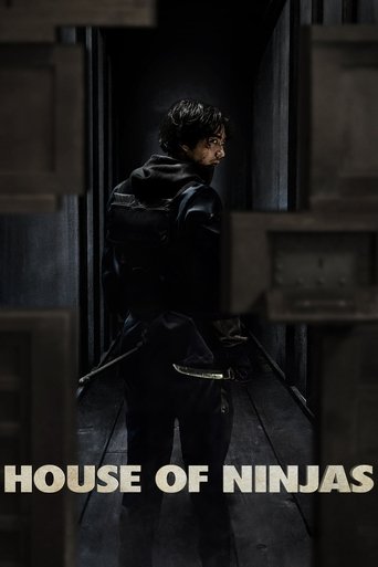 The poster features a lone figure in a dark, hooded outfit standing in shadowy, industrial-style architecture. The muted colors and dramatic lighting evoke a mysterious, foreboding atmosphere. The title "HOUSE OF NINJAS" is prominently displayed at the bottom, suggesting an action-adventure serie...