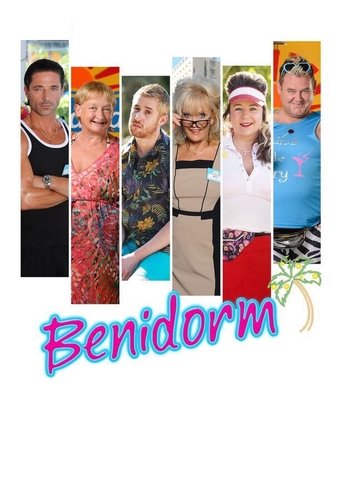 This TV show poster features six diverse characters standing in a row against a white background, with the title "Benidorm" prominently displayed in colorful, playful lettering. The vibrant colors and cheerful expressions create a lively and inviting atmosphere, suggesting a fun and engaging narr...