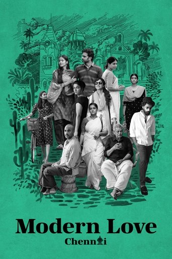 This green-tinted poster features a diverse group of people in traditional attire, suggesting a cultural fusion theme. The mood is warm and nostalgic, evoking a sense of community and heritage. The title "Modern Love Chennai" hints at a blend of contemporary relationships with traditional values.