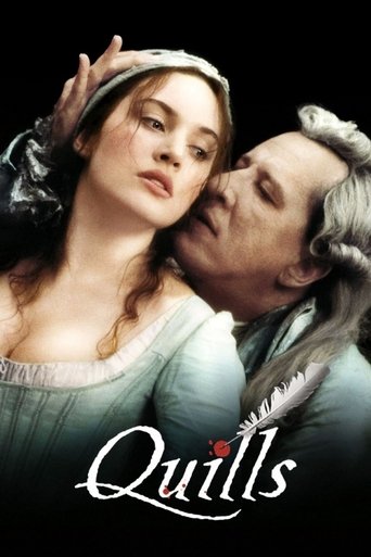 The poster features a romantic scene with a woman in a light blue dress and a man in a dark coat, their faces close together against a black background. The title "Quills" is elegantly written in white script at the bottom, suggesting a historical drama. The mood is intimate and dramatic, capturi...