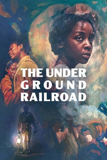 The poster features a central African woman with a somber expression, surrounded by figures in warm, earthy tones. The title "THE UNDERGROUND RAILROAD" is prominently displayed in bold white letters. The overall mood is mysterious and hopeful, suggesting a journey through history.