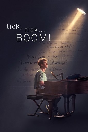 A young musician plays a grand piano in a dimly lit room, illuminated by a spotlight. The poster features handwritten notes and a mysterious, atmospheric mood.