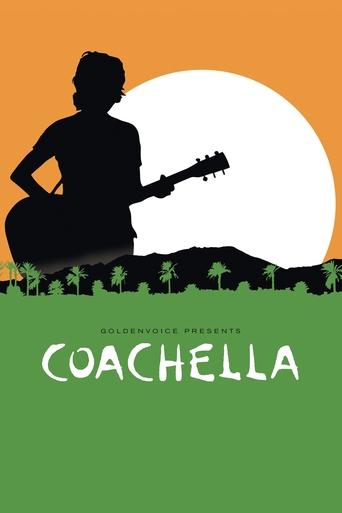 A silhouette of a musician plays guitar against a vibrant orange sky, with a large white moon and palm trees below. The poster features bold green text reading "COACHELLA," evoking a dreamy, tropical atmosphere.