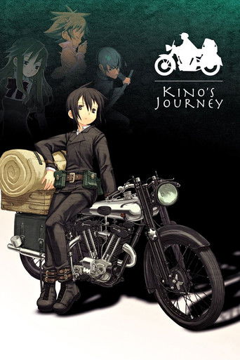 This anime poster features a determined young man in a black uniform riding a classic motorcycle, carrying a large rolled-up blanket. The background is dark with faint silhouettes of other characters, suggesting a journey or adventure. The title "Kino's Journey" is prominently displayed in white ...