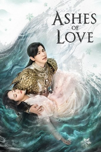 The poster features a tender scene with a man and woman in a dreamlike, ethereal setting. The man wears a golden, ornate outfit while the woman is dressed in soft pink. The background is a swirling, misty blue, evoking a sense of romance and melancholy. The title "Ashes of Love" is elegantly plac...