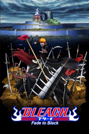 The poster features a dramatic scene with a character in a black outfit surrounded by swords, set against a backdrop of a castle and stormy sky. The colors are intense, with dark blues and blacks dominating the scene, creating a sense of mystery and danger. The title "BLEACH" is prominently displ...