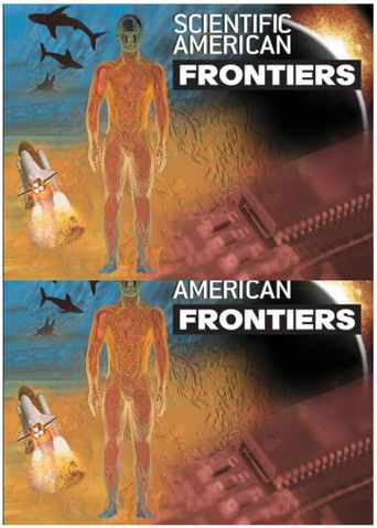 This poster features a humanoid figure in a futuristic setting, surrounded by space elements like rockets and stars. The warm orange and yellow tones evoke a sense of exploration and adventure. The bold text "Scientific American Frontiers" anchors the composition, emphasizing the magazine's focus...