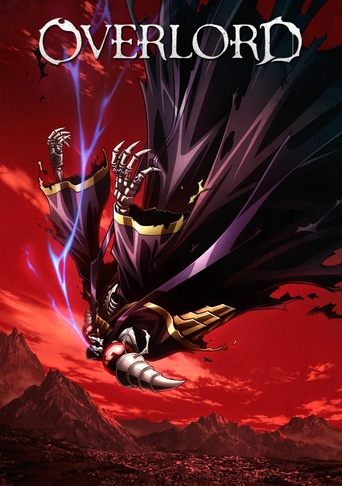 The poster features a menacing figure in dark armor soaring through a fiery red sky, with glowing purple lightning emanating from their hands. The title "OVERLORD" is prominently displayed at the top in gothic lettering, evoking a sense of ancient evil and impending doom.