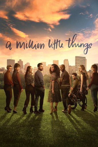 The poster features a group of people standing in a grassy field under a dramatic sunset sky. The warm orange and purple hues create a cozy, nostalgic atmosphere. The title "A Million Little Things" is elegantly written in cursive script, emphasizing the show's intimate and personal themes.