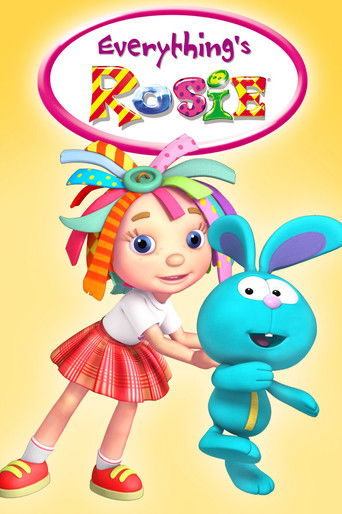 This vibrant TV poster features a cheerful girl with rainbow hair and a red dress, holding a blue rabbit. The playful colors and bright smile create a joyful, inviting mood for viewers.