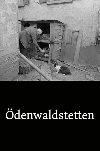 A somber black-and-white scene captures a man working in a dilapidated building, surrounded by debris and scattered tools. The muted tones evoke a sense of hardship and resilience. The title "Ödenwaldstetten" anchors the image, suggesting a story of struggle and survival in a harsh environment.