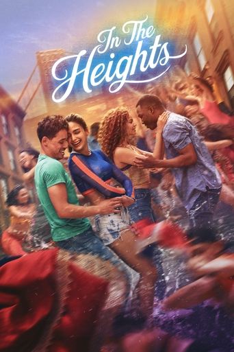 The poster features a lively scene with people dancing in colorful, festive attire. The warm, golden hues of the background suggest a joyful, celebratory atmosphere. The title "In the Heights" is elegantly written in white script, emphasizing the film's theme of community and celebration.