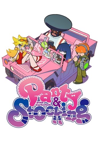 This vibrant poster features a whimsical scene with pastel pink and purple tones, capturing the playful and romantic atmosphere of "Panty & Stocking with Garterbelt." The characters are depicted in a lively, cartoonish style, emphasizing the show's fun and lighthearted tone.