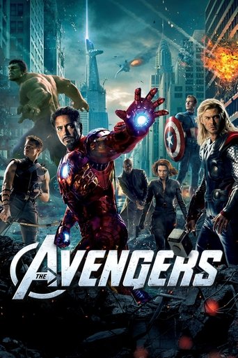 The Avengers poster showcases a dynamic scene with Iron Man at the center, glowing with power, surrounded by other iconic characters like Captain America and Thor. The cityscape in the background is filled with explosions and debris, creating an intense and action-packed atmosphere. The vibrant c...