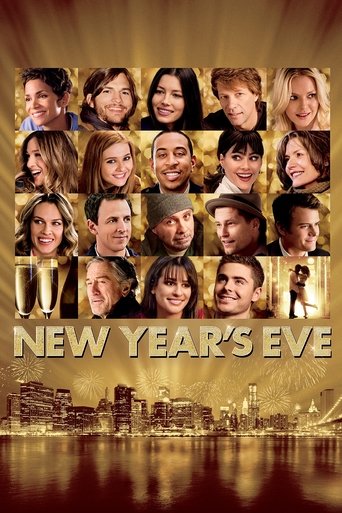 The poster features a grid of diverse faces, suggesting a diverse cast, set against a warm, golden background that evokes celebration and nostalgia. The title "New Year's Eve" is prominently displayed in bold, metallic letters, while the city skyline at the bottom hints at a glamorous, urban sett...