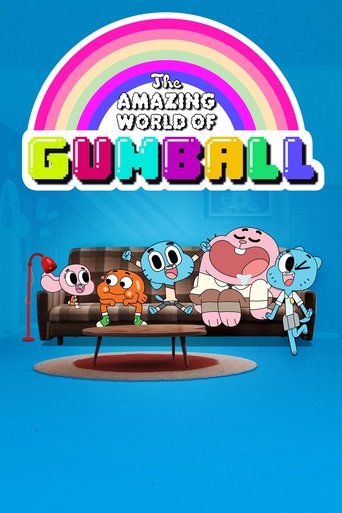 The vibrant poster features Gumball, a mischievous blue cat, sitting on a couch alongside his friends—Papa, Papa, and Papa—against a cheerful rainbow backdrop. The playful, cartoonish style captures the whimsical and lighthearted mood of the show, inviting viewers into a world of comedic chaos an...