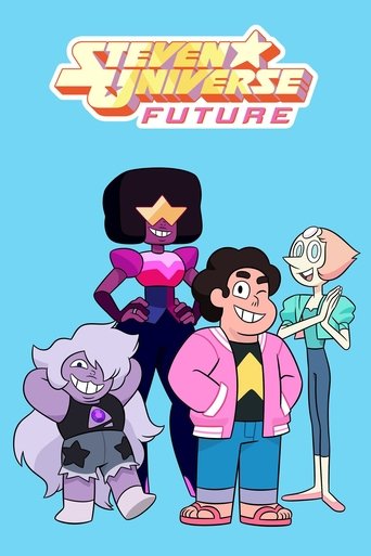 The poster features vibrant characters from "Steven Universe Future" against a bright blue background. Steven, Garnet, and Amethyst stand prominently, while the iconic logo glows in warm tones. The mood is cheerful and energetic, capturing the show's playful and imaginative spirit.