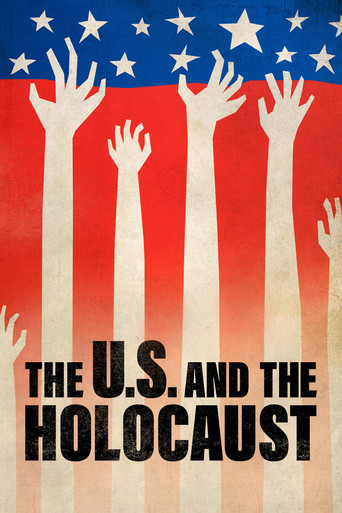 The poster features silhouettes of hands reaching upward against a backdrop of the American flag, symbolizing hope and resilience. The bold text "THE U.S. AND THE HOLOCAUST" conveys a somber yet defiant tone, emphasizing the enduring struggle against genocide.