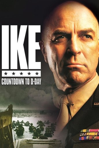 The poster features a somber portrait of a man in military uniform, with the title "Ike" prominently displayed in bold white letters. The background shows a desolate beach scene, evoking a sense of impending doom and historical drama. The muted colors and serious expression convey a tense, dramat...