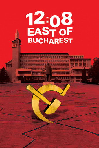 The poster features a striking red background with a large, imposing building in the background. In the foreground, a golden hammer and wrench symbolizes conflict or struggle. The title "12:08 East of Bucharest" is prominently displayed in bold white text, suggesting a tense narrative. The overal...