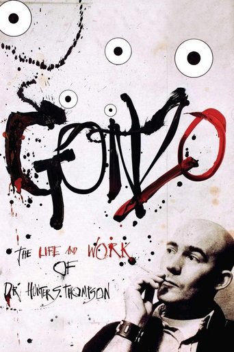 The poster features a gritty, high-contrast image of Dr. Hunter S. Thompson in a black-and-white portrait against a white background. Bold, splattered red and black text spells out "GONZO" with a menacing, blood-splatter aesthetic. The overall mood is dark and intense, evoking the raw, rebellious...