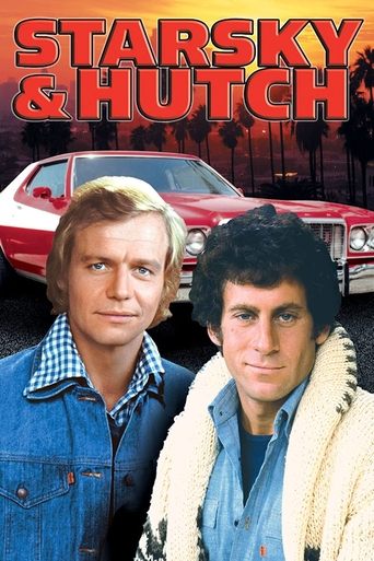 This TV show poster features two men in denim jackets against a red car backdrop, evoking a classic noir atmosphere with warm lighting and a mysterious, suspenseful mood.
