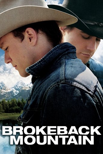 The poster features two men in cowboy hats, one in a tan hat and another in black, gazing into the distance. The dark denim jacket and rugged landscape evoke a sense of adventure and hardship. The muted tones of the image, combined with the bold white text, create a somber yet adventurous mood.