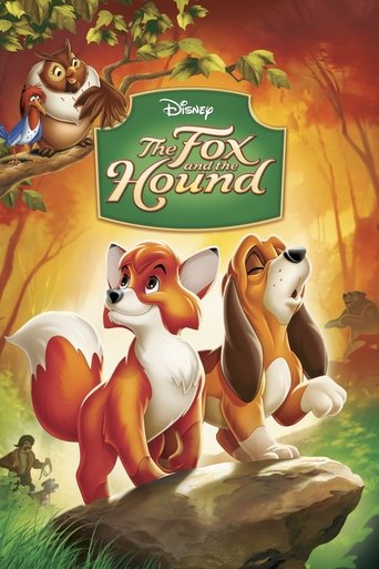 This Disney animated movie poster features three anthropomorphic foxes and a hound in a vibrant forest setting. The warm sunset hues and lush greenery create a cozy, adventurous mood. The characters are depicted with expressive faces, suggesting a heartwarming story of friendship and exploration.