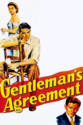 This vintage movie poster features a man in a suit and tie, a woman in a blue dress, and a man in a suit, all set against a white background. The title "Gentleman's Agreement" is prominently displayed in bold red and yellow letters. The overall mood suggests a classic film with a mix of elegance ...