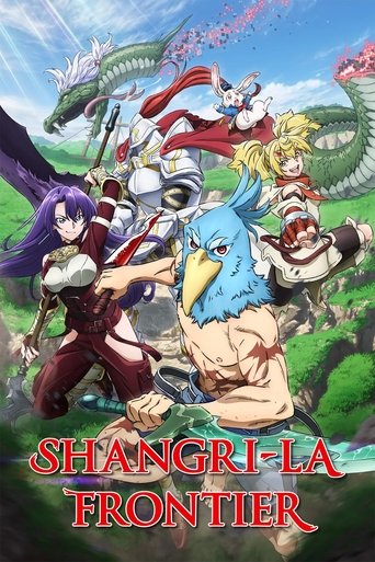 This vibrant poster showcases a dynamic scene of characters from "Shangri-La Frontier" in action. The colorful palette of reds, blues, and greens creates an energetic atmosphere. The characters are depicted in various poses, suggesting a thrilling adventure. The overall mood is one of excitement ...