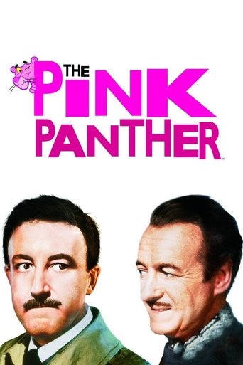 This vintage movie poster features two men in classic 1950s attire against a stark white background. The bold pink title "THE PINK PANTHER" dominates the upper section, evoking a playful yet mysterious atmosphere. The mood suggests a timeless comedy, capturing the essence of the era's entertainme...