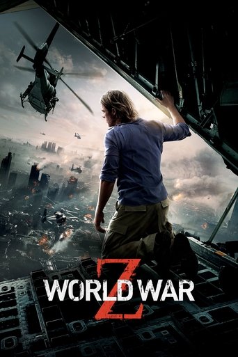 A lone man in a blue shirt and brown pants stands atop a crumbling skyscraper, reaching toward a chaotic sky filled with flying helicopters and debris. The scene is dark and gritty, with muted tones of gray, brown, and red, evoking a sense of impending doom and survival.
