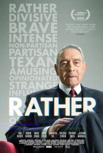 The poster features a man in a dark suit against a muted gray background, with the title "Rather" prominently displayed in bold white letters. The muted color palette and formal attire evoke a serious and contemplative mood.