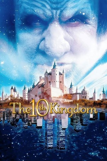 The poster features a hauntingly beautiful castle with a mystical blue sky and starry night. A large, ethereal face dominates the top, adding an eerie atmosphere. The title "The 10th Kingdom" is elegantly written in gold lettering. The overall mood is mysterious and enchanting, evoking a sense of...
