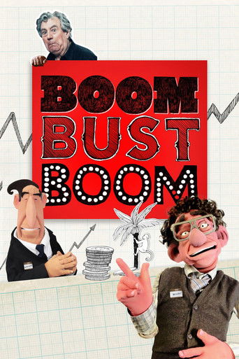 This vibrant movie poster for "Boom Bust Boom" features three animated characters against a grid background, with a red "BOOM BUST BOOM" sign in the center. The characters exude a comedic, chaotic energy, with one character pointing enthusiastically and another smiling broadly. The bold colors an...