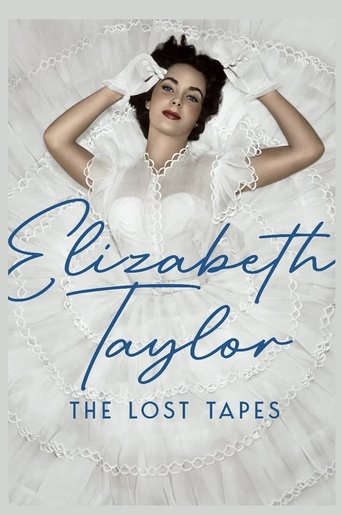 The poster features Elizabeth Taylor in a white, ruffled dress with her hands behind her head, exuding elegance and mystery. The title "Elizabeth Taylor" is elegantly scripted in blue, while "The Lost Tapes" is written in smaller, capitalized letters below. The overall mood is romantic yet myster...