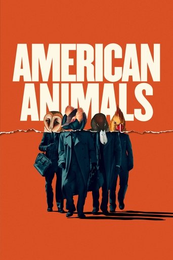 The poster features silhouettes of people in dark coats walking against a vibrant orange background, with the title "AMERICAN ANIMALS" prominently displayed in bold white letters. The mood is mysterious and slightly ominous, suggesting a story about animals in captivity.