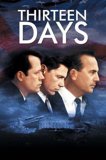 The poster features three men in suits against a dramatic backdrop of dark clouds and a faint silhouette of a building, evoking a sense of mystery and tension. The title "Thirteen Days" is prominently displayed in bold white letters, suggesting a serious and intense narrative.